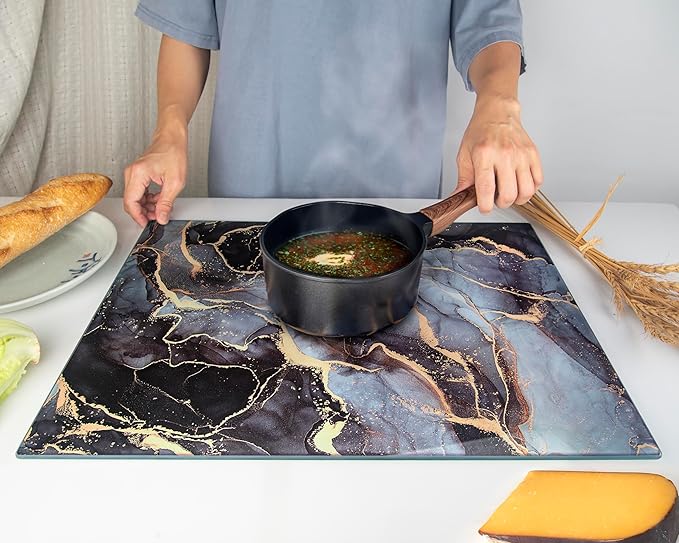 Kitchenville Glass Cutting Board 20”x16”: Tempered Glass Kitchen Counter Protector - Durable- Scratch-Resistant, Heat-Proof - Design 8 - Grey & Gold