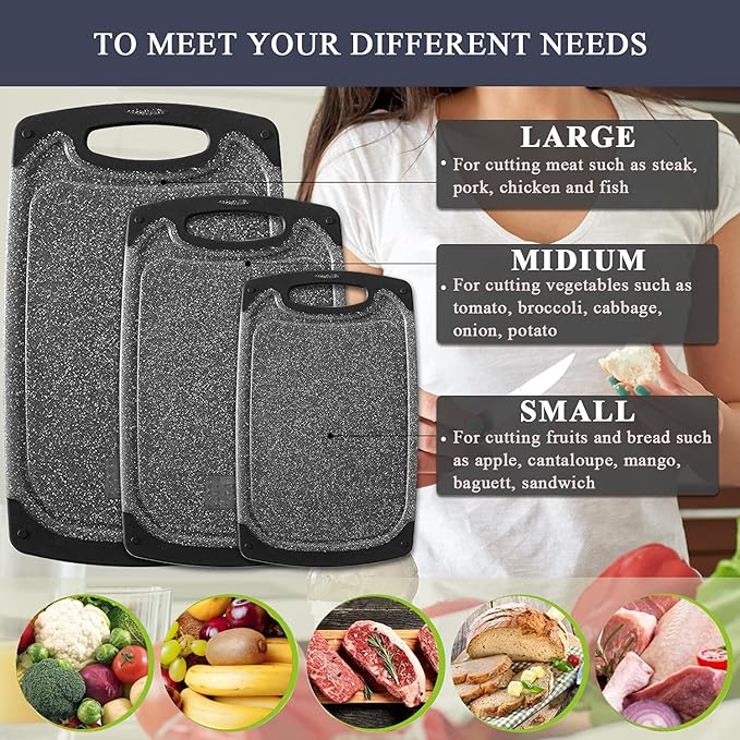 Viretang Plastic Cutting Boards Set of 3 Extra Large for Kitchen, Thick Chopping Board with Deep Juice Grooves, Non‑Slip Feet, Easy Grip Handle, BPA Free, Dishwasher Safe,Black