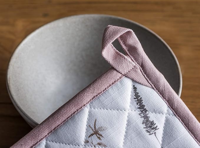 Maison d' Hermine 100% Cotton Oven Mitt & Pot Holder Set (7.5"x13" & 8"x8") Heat Resistant BBQ Cooking Gloves with Loop Baking Kitchen Gifts for Mothers Day Spring/Summer (Meadow Florals - Brown)