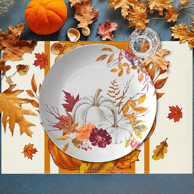 Niviy Pumpkins Thanksgiving Fall Maple Leaves Placemats Set of 4, 12x18 Inch Autumn Thanksgiving Indoor & Outdoor Table Mats for Holiday Party Kitchen Dining Room Decoration