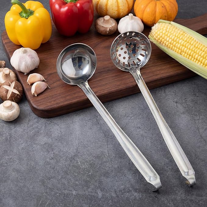 Stainless Steel Soup Ladle Serving Ladle Scoop and Slotted Spoon Set of 2 with Hook for Hanging, Cooking Utensils Set for Kitchen(2 oz)