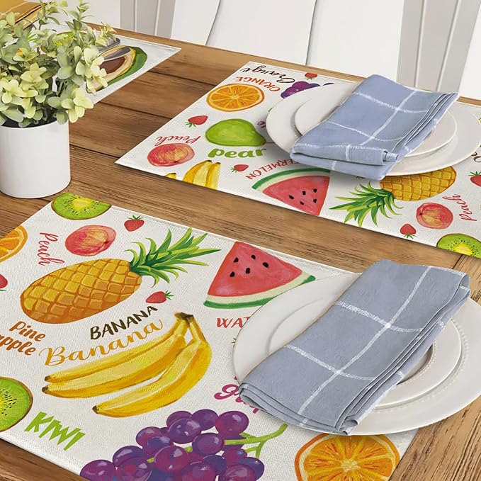 Watercolor Fruit Placemats Set of 4, Spring Summer Watermelon Pineapple Banana Orange Dining Table Place Mats, Grapes Pearl Peach Kiwi Avocado Strawberry Kitchen Home Decoration 12''x18''