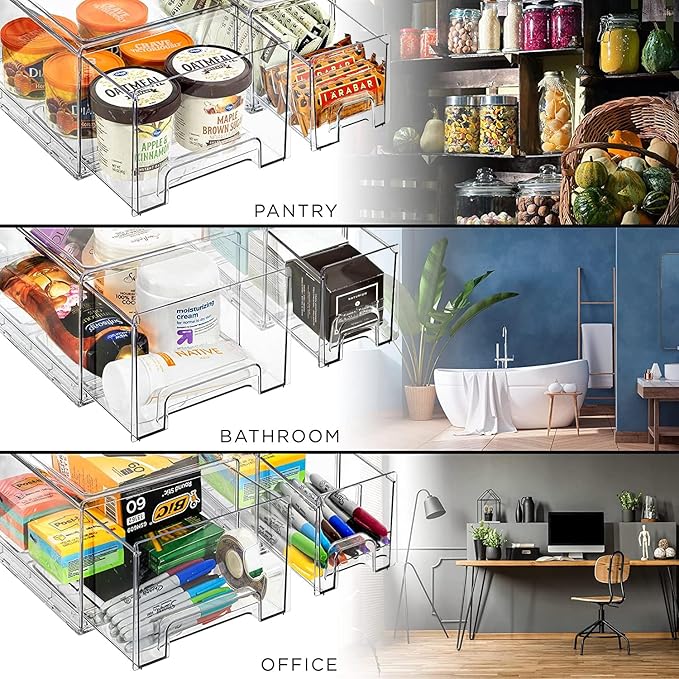 Sorbus 1 Large & 2 Small Clear Stackable Storage Drawers – Plastic Organizer Bins with Handles – Stackable Pull-Out Storage Drawers for Closet, Pantry, Office, Bathroom, Craft, and Toy Organization