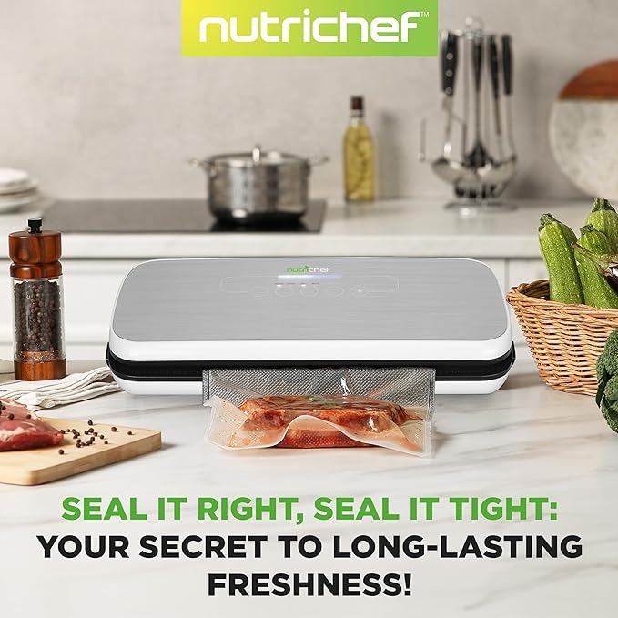 NutriChef Automatic Food Vacuum Sealer, Electric Air Sealing Preserver System for Dry and Moist Foods, LED Control, Strong Suction, Includes Bags, Wine Stopper Cork, and Air Suction Hose, 14”x6”x3”