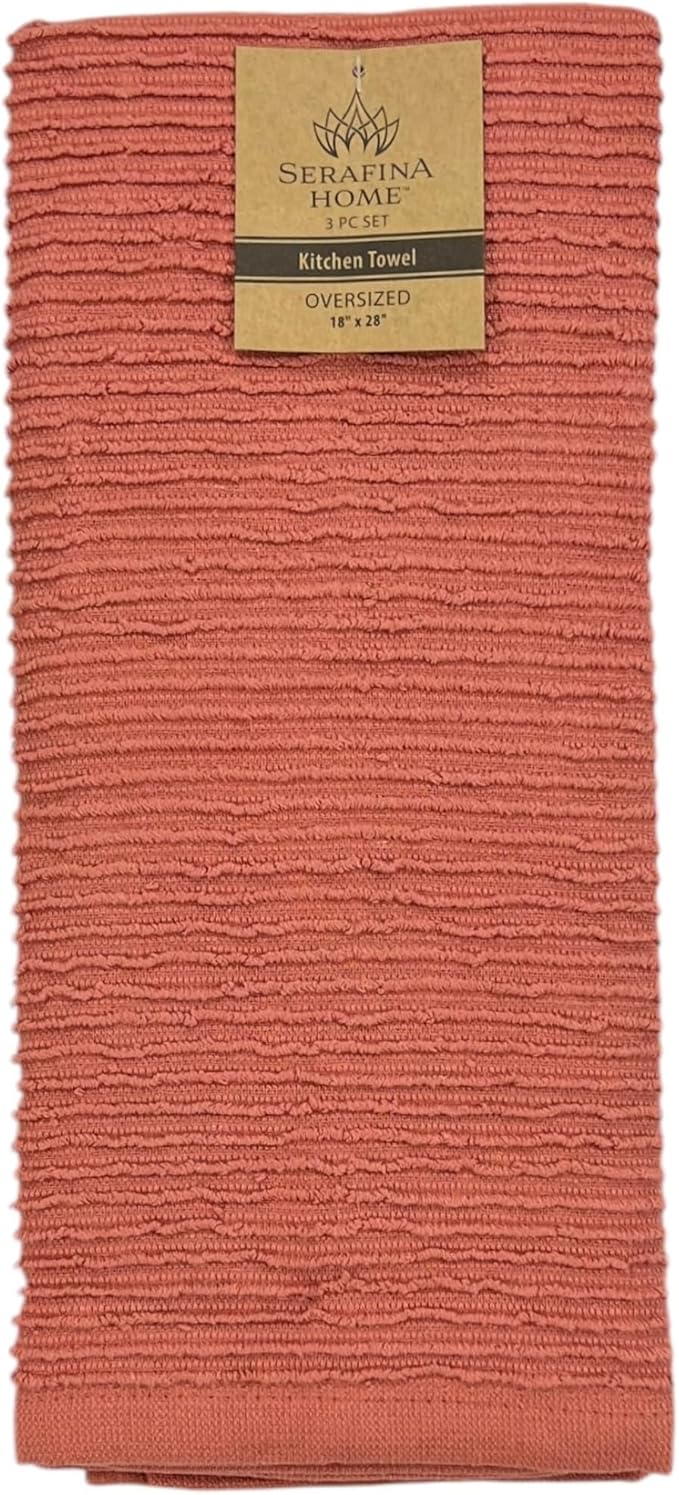 Serafina Home Peach Coral Salmon Kitchen Hand Dish Towels: Oversized 28" x 18",100% Cotton Cloth Soft Cleaning Drying Absorbent Ribbed Design, Set of 3 Multipurpose for Everyday Use (Peach)