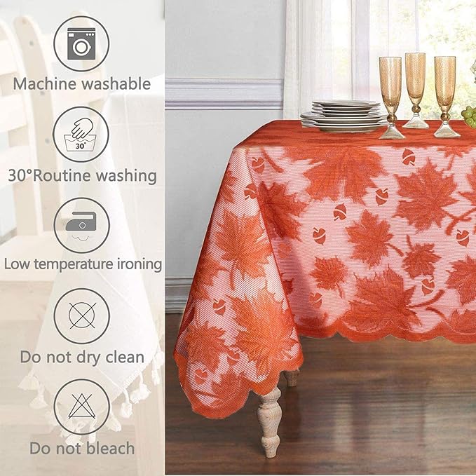 Thanksgiving Tablecloth Maples Leaves Brown Rectangle Lace Table Cover Thanksgiving Decorations Fall Table Linen Perfect for Harvest Festival Party Dinner Tables Toppers Everyday Use