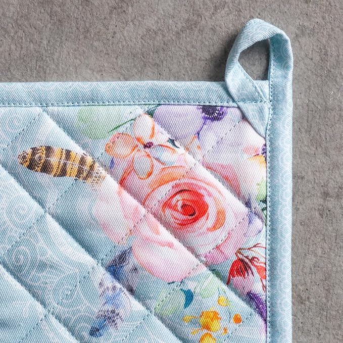 Maison d' Hermine Pot Holders 100% Cotton Heat Resistant Potholders 8" x 8" Hot Pads with Loop BBQ Cooking Baking Gifts for Mothers Day Handling Hot Pans Spring/Summer (Pack of 2, Ibiza - Blue)