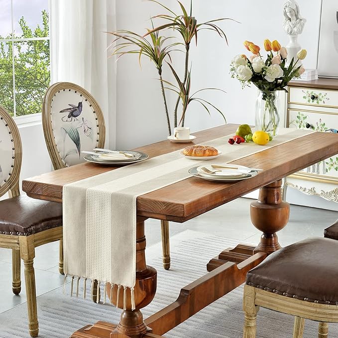Wracra Linen Table Runner, Farmhouse Macrame Table Runners 48 Inches Long for Dining Table Decor, Wedding, Party and Dresser Decor (Light Coffee,48")