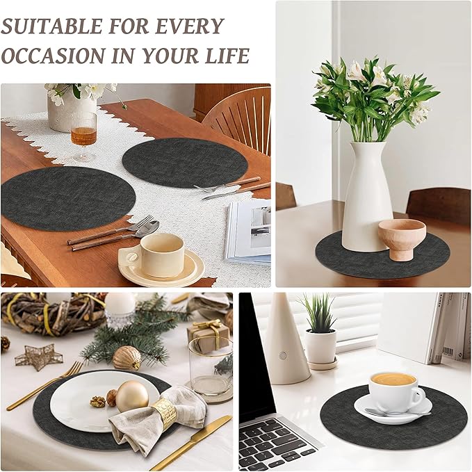 13" Round Placemats Set of 12, Reversible Faux Leather Heat Resistant Table Mats, 100% Waterproof Oilproof Wipeable Table Protective Placemats for Vinyl, Washable for Indoor (12, Deep Gray)