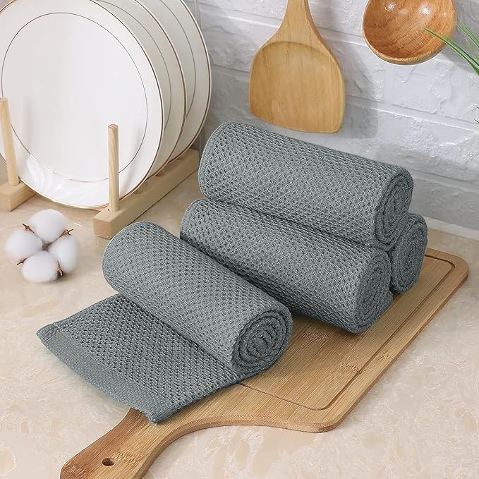 Kitinjoy 100% Cotton Kitchen Towels and Dishcloths Set, 8 Pack-13" x 28" and 12" x 12" Waffle Weave Dish Towels, Ultra Soft Absorbent Quick Drying Dish Rags, Grey