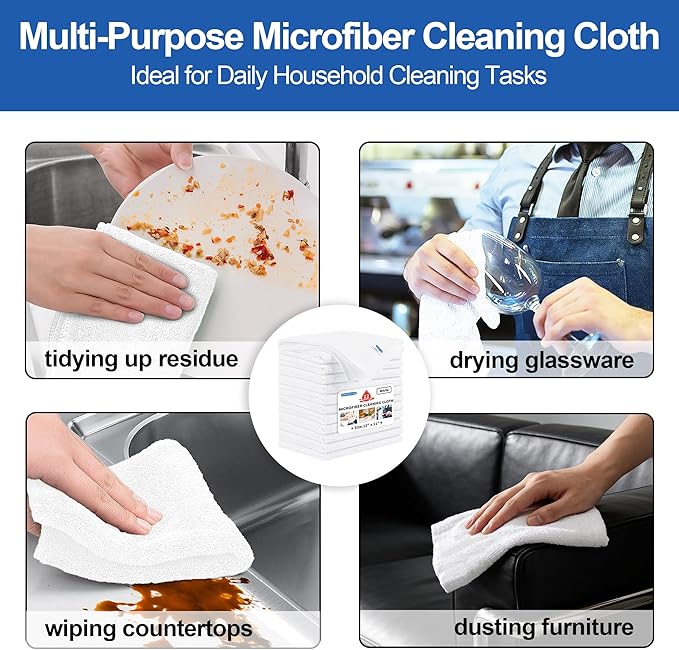Microfiber Cleaning Cloth, 12 Pack White Cleaning Rags,12" X 11" Lint Free Dish Towels Wash Cloths, Reusable Microfiber Towels for Home and Kitchen Bathroom Apartment Cleaning Supplies