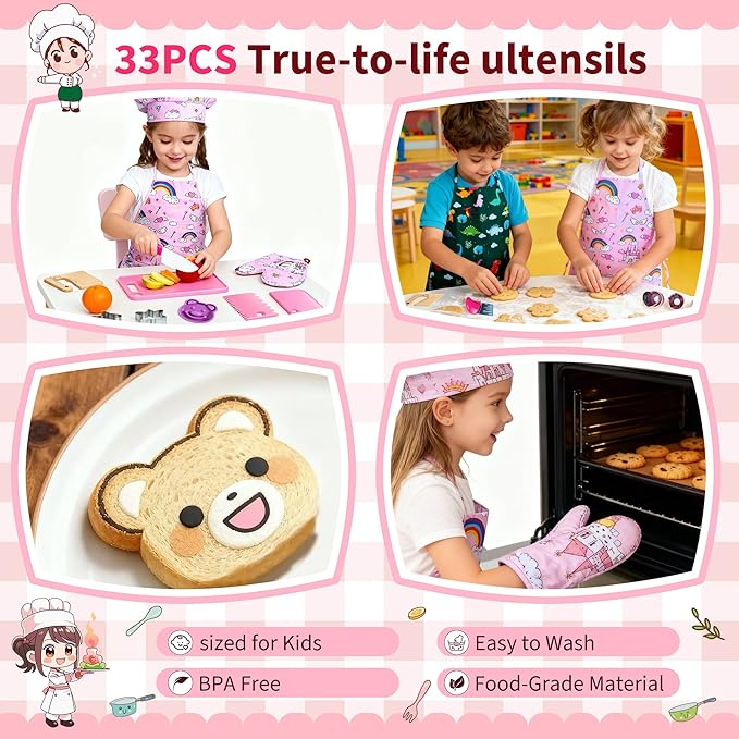 Kids Cooking and Baking Chef Set, Apron Chef Hat Accessories Complete Cooking Set, Dress Up Pretend Play Career Role Play Costume Toys Thanksgiving for Boys Girls