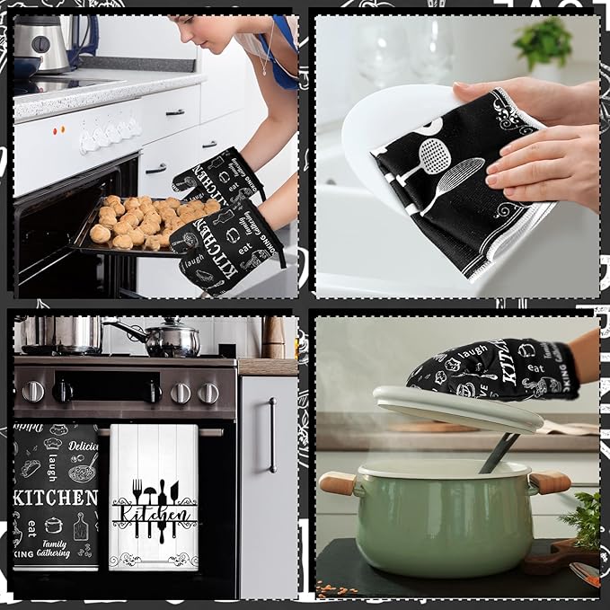 Bencailor 12 Pcs Farmhouse Kitchen Decor and Accessories Sets 4 Black and White Kitchen Towels 4 Absorbent Dishcloths 2 Pot Holders 2 Oven Mitts Gloves for Home Decor Mom Gifts