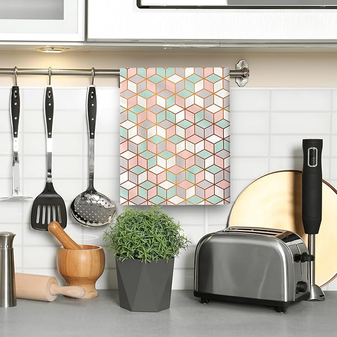 Pink Green Geometric Kitchen Towels Decorative Set of 2, Abstract Modern Dish Towels, Absorbent Hand Towels Tea Towels for Kitchen Decor,Farmhouse Holiday Home Dish Cloths