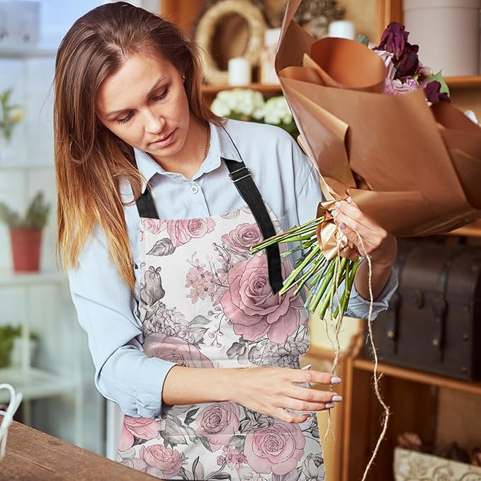 Britimes Apron Home Kitchen Cooking Baking Gardening for Women Men with Pockets Pink Flowers Leaves Watercolor Floral 32x28 inch