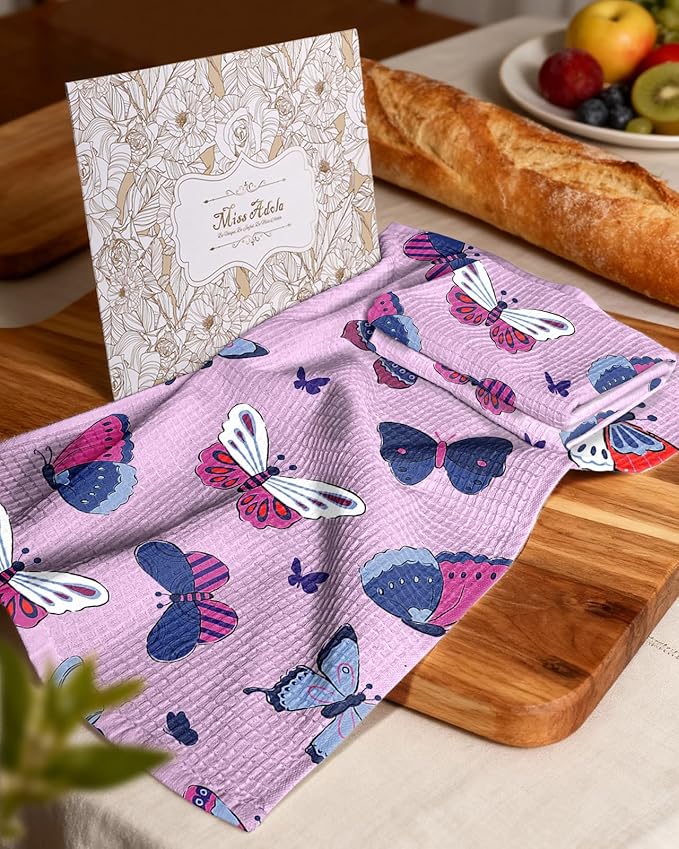 Miss Adola Cotton Waffle Kitchen Towels – Cute 370 GSM 16x25 Inch Terry Cloth Waffle Decorative Dishcloth for Kitchen Set of 2 with Hanging Loops Absorbent Hand Tea Towel for Home Design, Butterfly