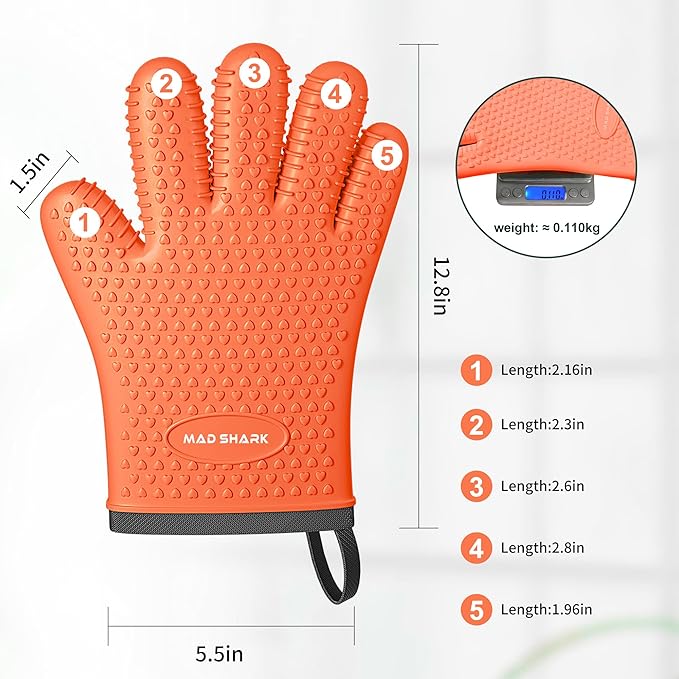 MAD SHARK Silicone Oven Mitts Heat Resistant 450 Degrees with Waterproof & Non-Slip Oven Gloves with Fingers, Silicone Oven Gloves Kitchen Mittens for Baking Cooking Barbecue (Orange)