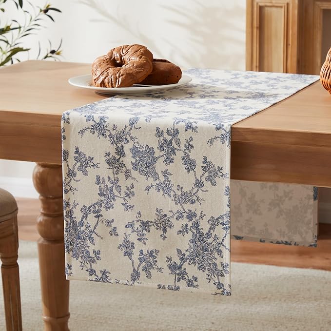100% Cotton French Pastoral Table Runners, 13x90 Inch Blue Farmhouse Table Runners 90 Inches Long, Vintage Flowers Print Home Decors