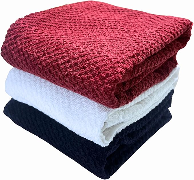 Patriotic Red White Navy Blue Kitchen Hand Dish Towels Oversized 28"x18" Nautical 100% Cotton Cloth Soft Cleaning Drying Absorbent Textured Design 3 Pc Multipurpose for Everyday Use Summer 4th of July