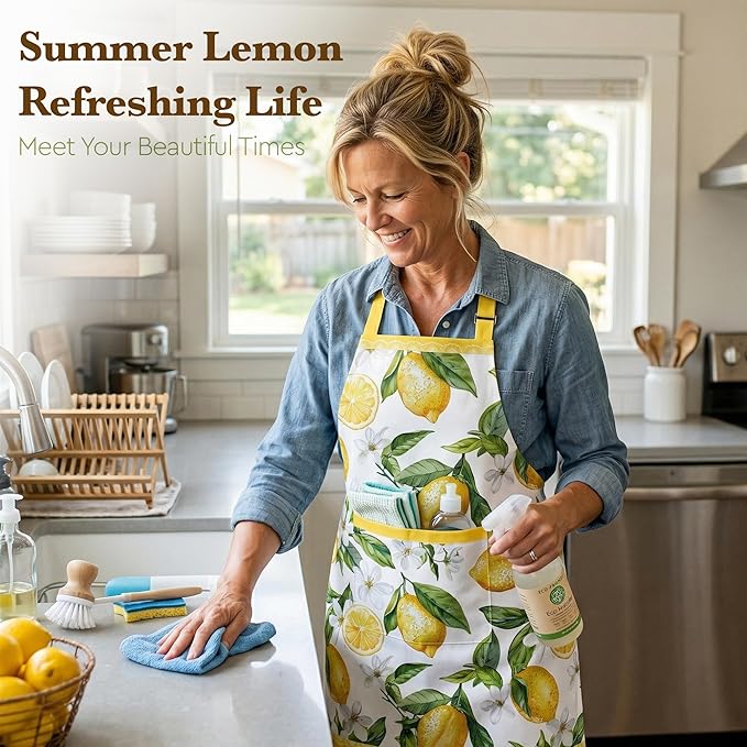 Cute Lemon Apron Gifts for Women, Fresh Citrus Kitchen Apron with Pockets Adjustable, Aesthetics Summer Cooking Baking Apron for Birthday Mother's Day, Lemon Lover Gift for Mom Wife Grandma