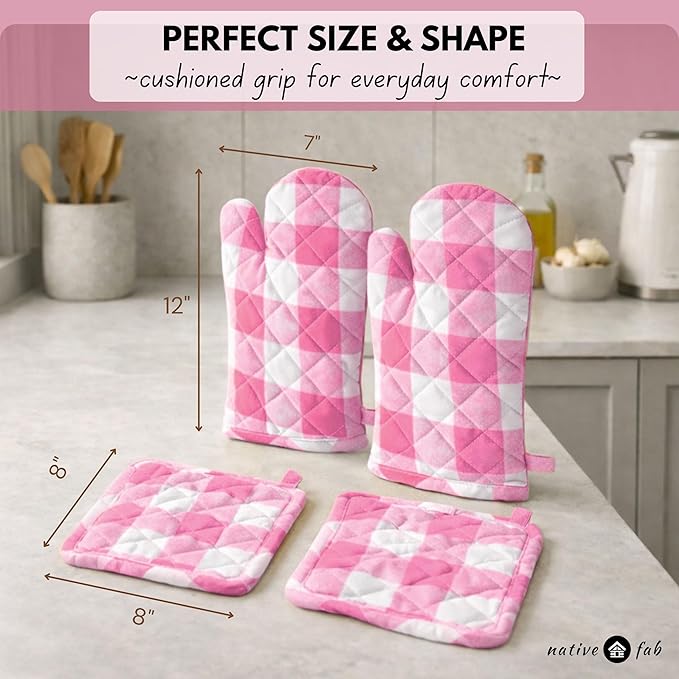 Native Fab Buffalo Plaid Check Oven Mitts and Pot Holders Set of 4, 100% Cotton Heat Resistant Kitchen Gloves, 2 Oven Mitts (7x13), 2 Pot Holders (8x8) for Cooking & Baking, Pink White