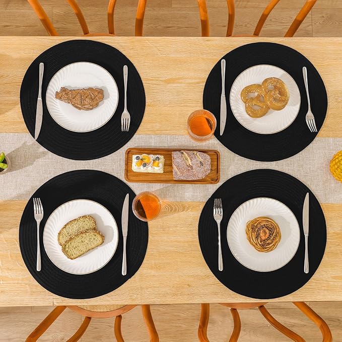 SHACOS Black Round Placemats Set of 12 Heavy Cotton Polyester Woven Braided Place Mats Washable Heat Resistant Non Slip Table Mats