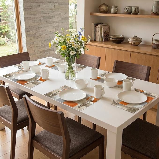 Emvency Farmhouse Placemats Set of 6, Modern Geometric Orange Neutral 12x18 Inch Linen Rectangular Place Abstract BeigeTable Mats for Indoors & Outdoor Home Party Kitchen Dining Decoration