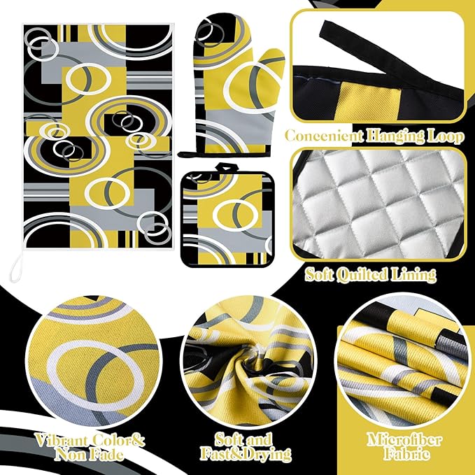 Jingmore 6 Pcs Kitchen Decor Set Accessory Farmhouse Kitchen Towels Pot Holders Oven Mitts Set 2 Dish Towels 2 Pot Holders 2 Cooking Mittens Oven Glove for Cooking(Black, Yellow, Gray,Geometric)