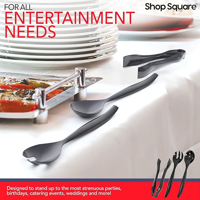 Disposable Plastic Serving Set - 18 Black Utensils, 6" Tongs, 10' Spoons, 10' Forks, Buffet & Party Use