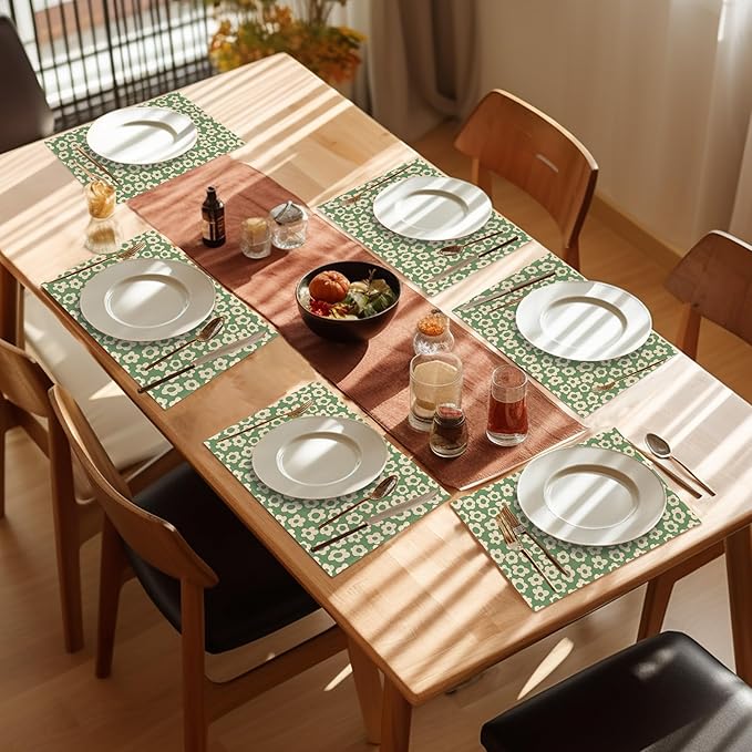 Spring Green Flower Placemats Set of 6,Washable Heat Resistant 12×18 Inch Linen Table Mats Groovy Place Mats for Party Outdoor Dining Décor