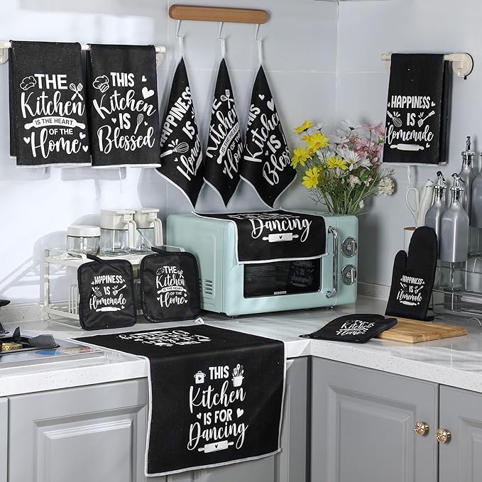 12 Pcs Farmhouse Kitchen Decor and Accessories Sets 4 Black Kitchen Towels 4 Absorbent Dishcloths 2 Pot Holders 2 Oven Mitts Gloves for Home Decorations Mom Gifts