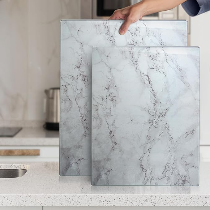 Kitchenville Glass Cutting Board 20”x16”: Tempered Glass Kitchen Counter Protector - Durable- Scratch-Resistant, Heat-Proof - Design 3 - Grey Marble Effect
