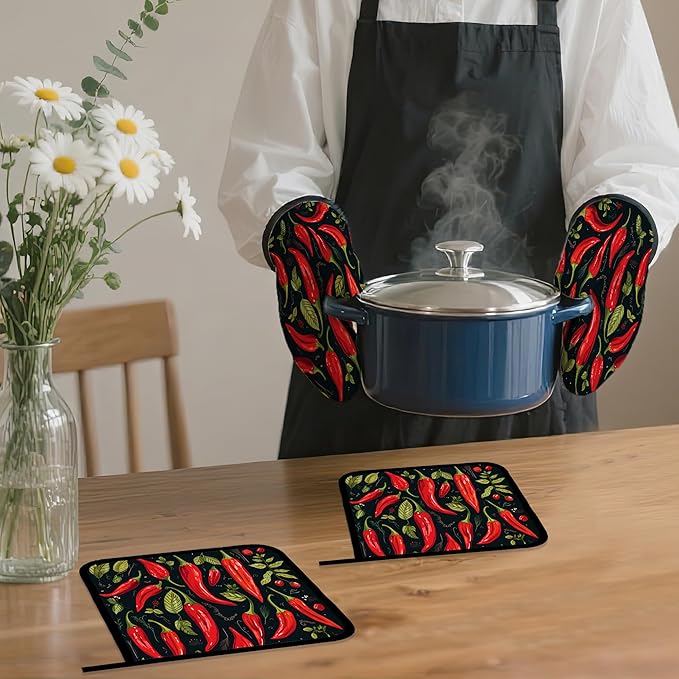Red Pepper Oven Mitts and Pot Holders Set,Kitchen Oven Gloves and Pot Holder with Heat Resistant Non Slip for Cooking Baking Grilling(4 Piece Set)