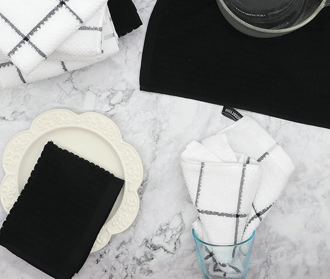Cotton Terry Kitchen Dish Cloths, Soft Absorbent Tidy Kitchen Dish Towels (Black Grid, Dish Cloths 13 x 13 in)