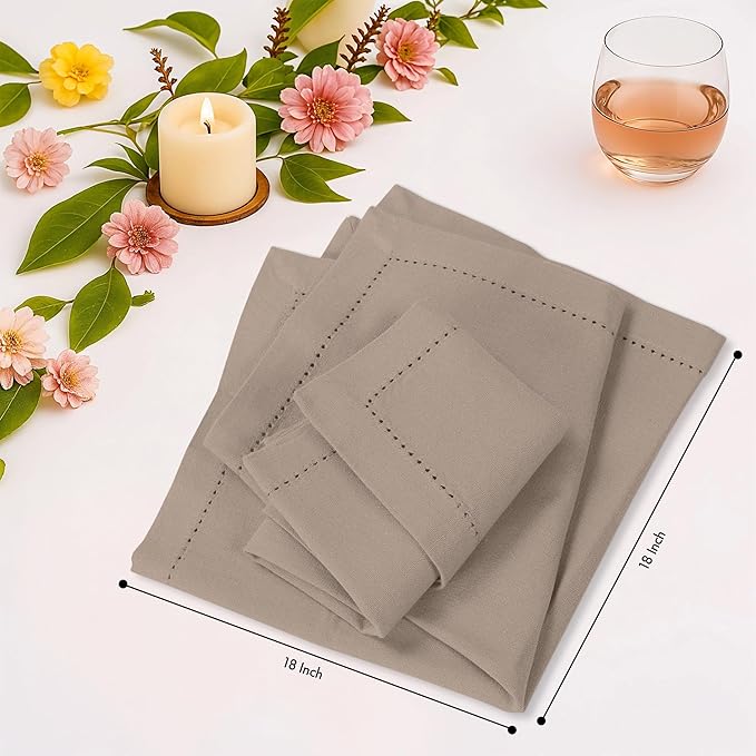 Ruvanti Cloth Napkins Set of 12, 100% Cotton High GSM 18x18 Inches, Hem Stitched Corners, Soft, Washable, Highly Durable & Absorbent, Perfect for Parties, Christmas, Thanksgiving Dinners – Light Taupe