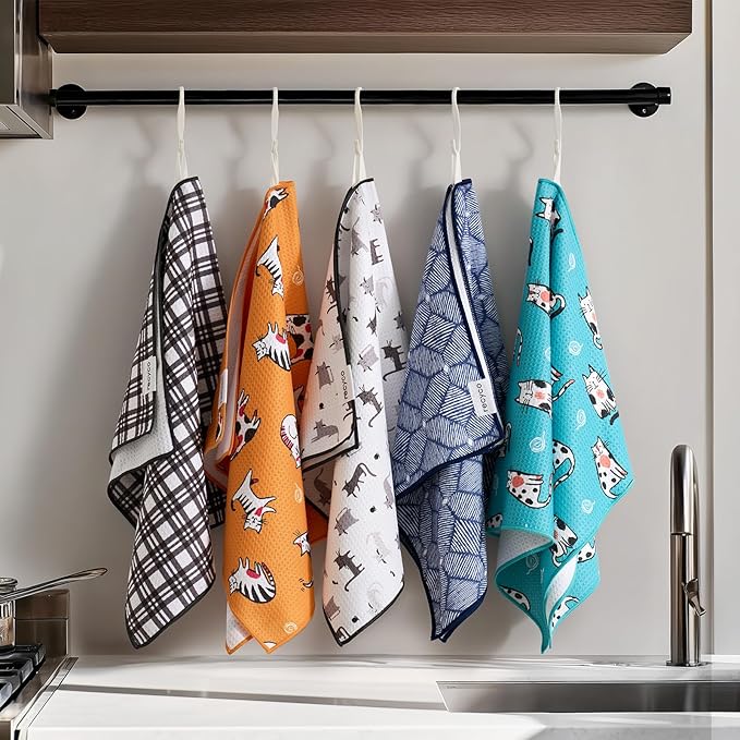 RECYCO Waffle Kitchen Towel Set of 2 - Quick Dry Microfiber Sustainable Dish Towels - Absorbent Reusable Cleaning Tea Towels - Lightweight Hand Towels,16”x 28”, Shadow Meow