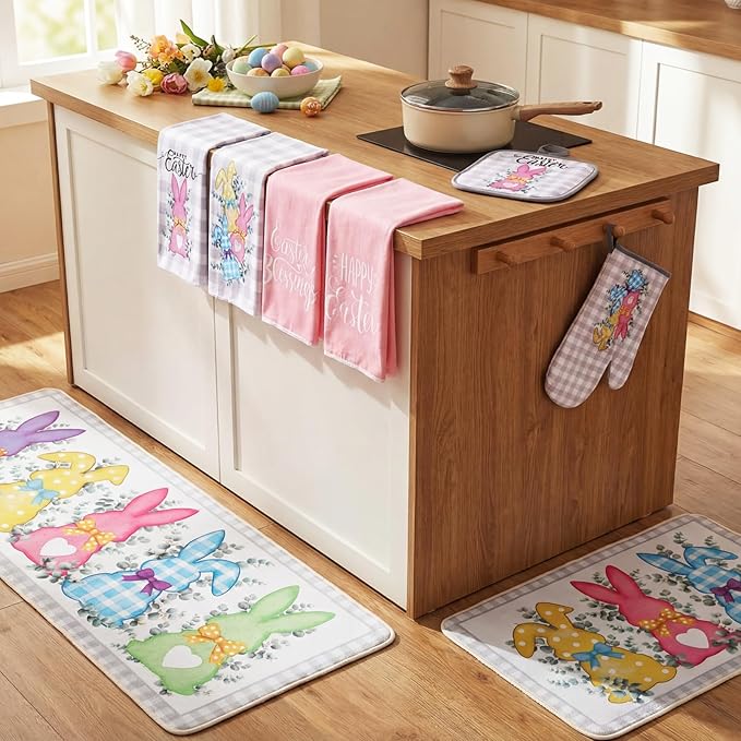 VitalCozy 10 Pcs Easter Bunny Kitchen Decor Set 4 Kitchen Towels 2 Pot Holders 2 Oven Mitts 2 Rugs for Gift Cooking Baking Grilling Housewarming