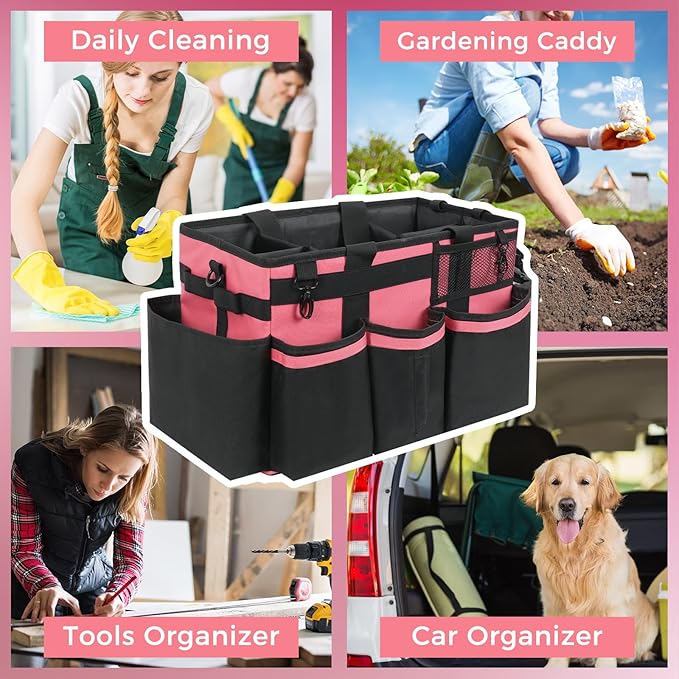 SCAVATA Wearable Cleaning Caddy, Cleaning Caddy Supplies Organizer with Handle & Shoulder Straps for Housekeepers, Under Sink & Car Cleaning Tool Organizers Bag with 4 Foldable Divider (OleanderRed)
