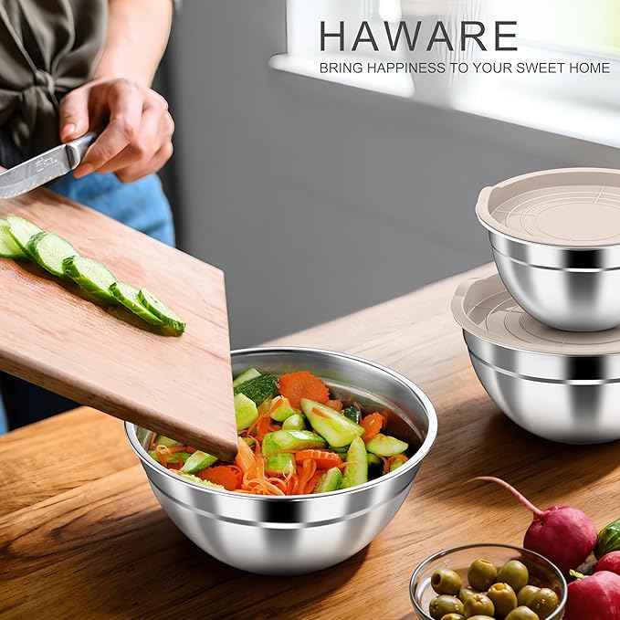 HaWare Mixing Bowls with Airtight Lids, 6-Piece Stainless Steel Salad Bowls, Strong Nesting Bowls for Cooking, Prepping, Baking, Serving & Food Storage, Stackable Design, Size 4.6, 3, 1.5QT, Khaki