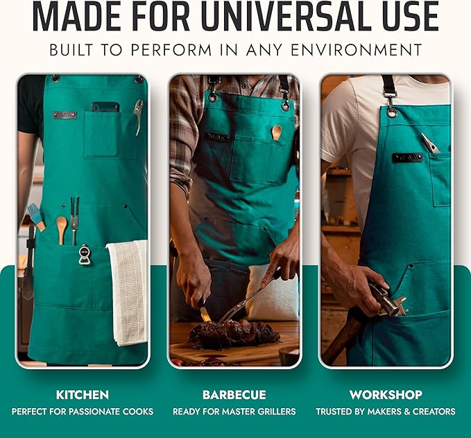 Asaya Chef and BBQ Apron with Bottle Opener and Hand Towel - 10oz Cotton Canvas, Stainless Steel Hardware - Cross Back Straps