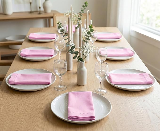 PurpleEssences Set of 12 Hemstitch Cloth Dinner Napkins 100% Cotton - Soft Durable Washable - Ideal for Wedding Spring Easter Summer - Perfect Everyday Use Table Linen 18x18 - Blush Pink