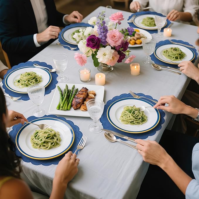 Set of 6 Dark Blue Cotton Linen Placemats, 15x15 Scalloped Flower Embroidery Cloth Table Mats Double Layered Fabric Machine Washable Wrinkle Free Dining Placemat for Hotel Restaurant Kitchen Decor