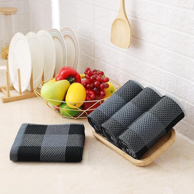 Homaxy Kitchen Towels and Dishcloths Set, 12 x 12 and 13 x 28 Inches, Set of 10 100% Cotton Waffle Weave Check Plaid Kitchen Dish Towels, Super Soft and Absorbent Dish Cloths, Black & Grey