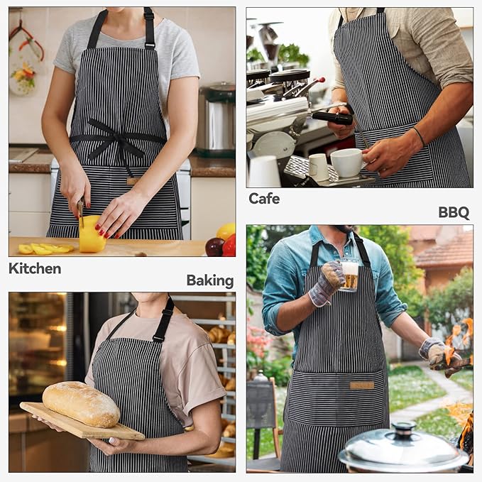 NLUS 2 Pack Kitchen Cooking Aprons, Adjustable Bib Soft Chef Apron with 2 Pockets for Men Women (Black Pinstripes)