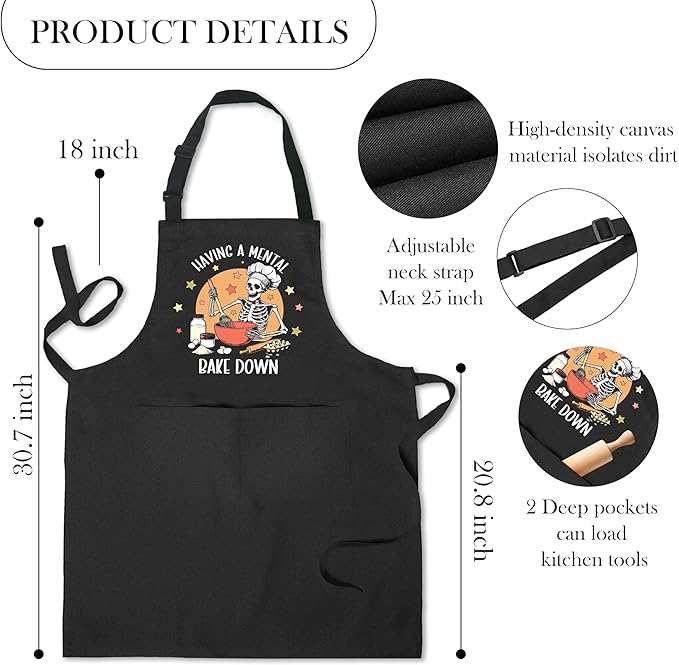 Funny Gothic Skeleton Baking Apron with Pockets, Funny Baking Gifts, Having a Mental Bake Down Waterproof Adjustable Cooking Apron for Kitchen Dishwashing Grilling