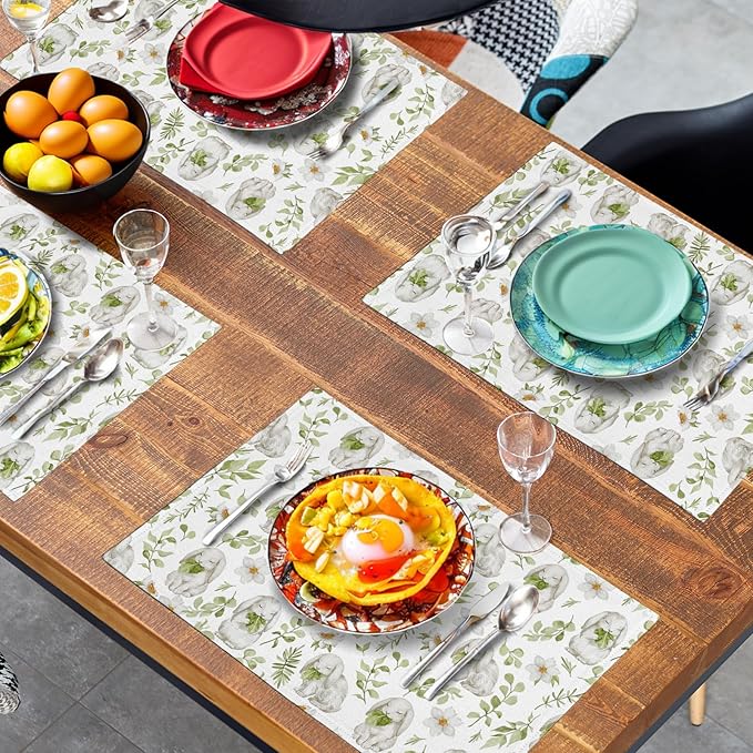Easter Bunny Rabbits Placemats Set of 4 Easter Spring Green Leaves Flroal Dining Table Placemats 12x18 Inch Heat Resistant Washable Table Mats for Kitchen Dining Holiday Indoor
