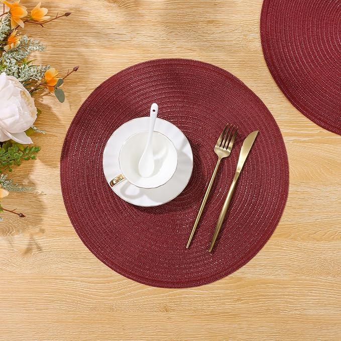 SHACOS Round Placemats Set of 8 for Dining Table 15 inch Round Braided Place Mats Cotton Polyester Washable Non Slip Kitchen Table Mats, Burgundy