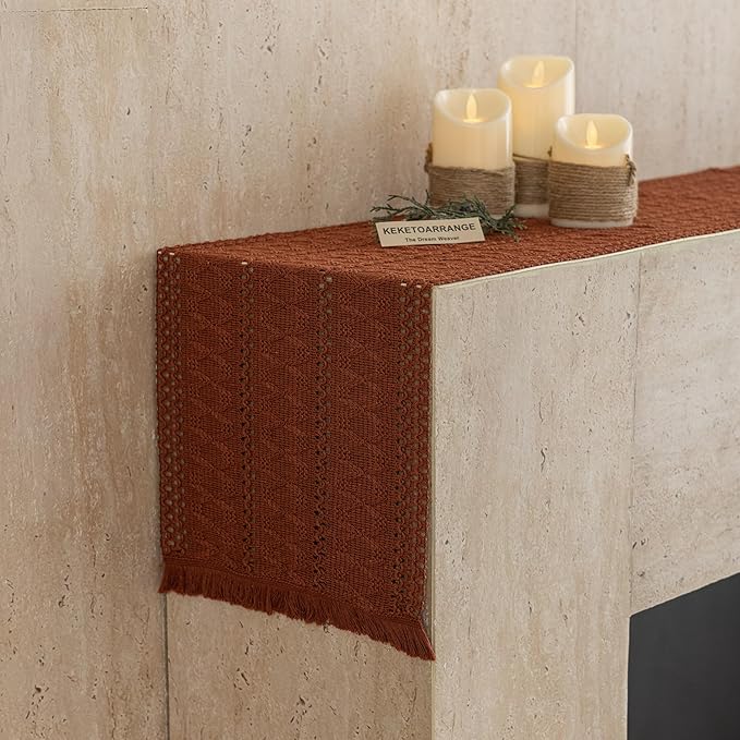 Keketoarrange Boho Rust Table Runner for Home Decor 12x72 Inches Farmhouse Macrame Burlap Jute Rustic Dining Kitchen Centerpiece Bohemian Decor French Country Baby Bridal Shower Decorations