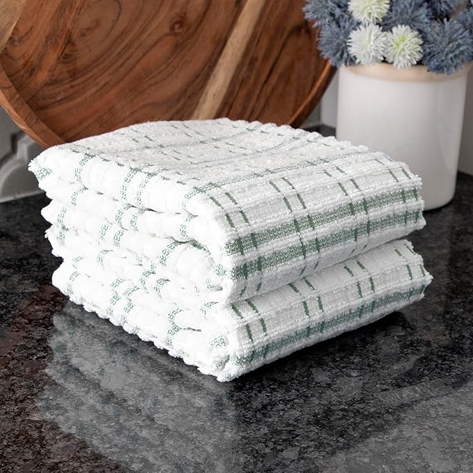 Ritz Royale Collection 100% Combed Terry Cotton, Highly Absorbent, Oversized Kitchen Towel Set, 28" x 18", 2-Pack, Checked, Juniper