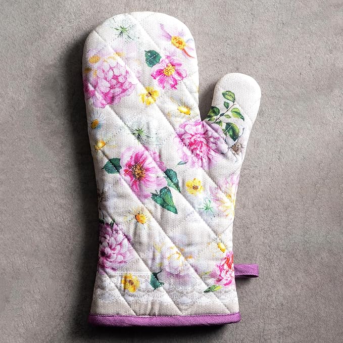 Maison d'Hermine Oven Gloves 100% Cotton Oven Mitt 7" x 13" with Loop Heat Resistant BBQ Cooking Gloves Baking Grilling Gifts for Mothers Day Spring/Summer (Pack of 1, Pivoine)